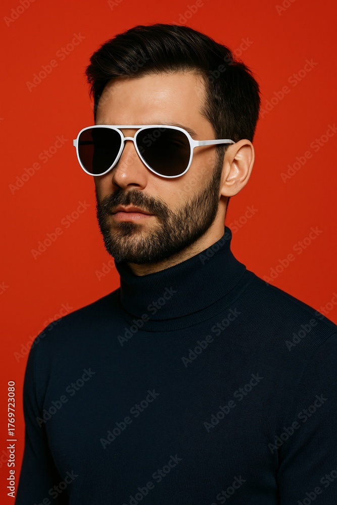 Obraz premium Bearded man in white aviator sunglasses red background