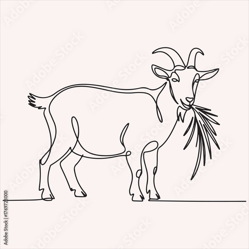 One-line illustration of a goat eating leaves, simple minimalist animal line art