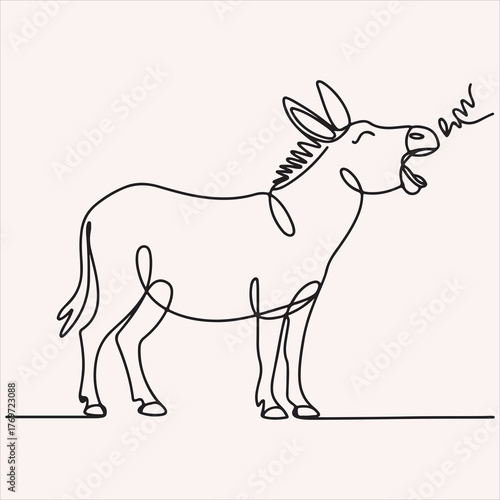 Expressive continuous line art of a braying donkey, capturing vocal communication with minimalist charm and unique style