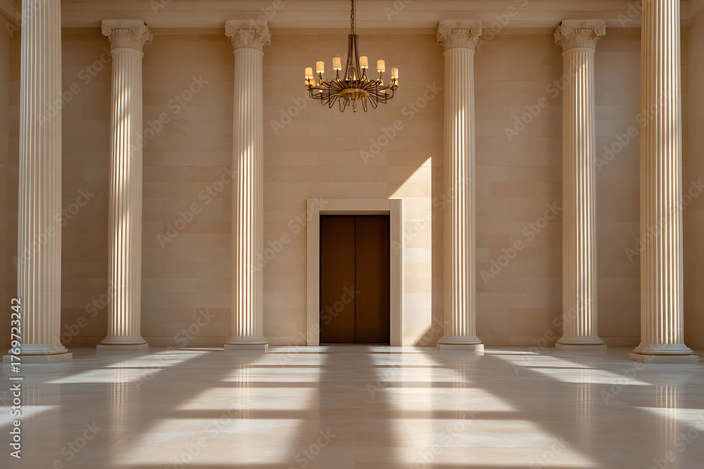 Fototapeta premium Grand hall with stately columns, a classic chandelier, and warm sunlight casting shadows across the polished floor, evoking timeless elegance and architectural grandeur.