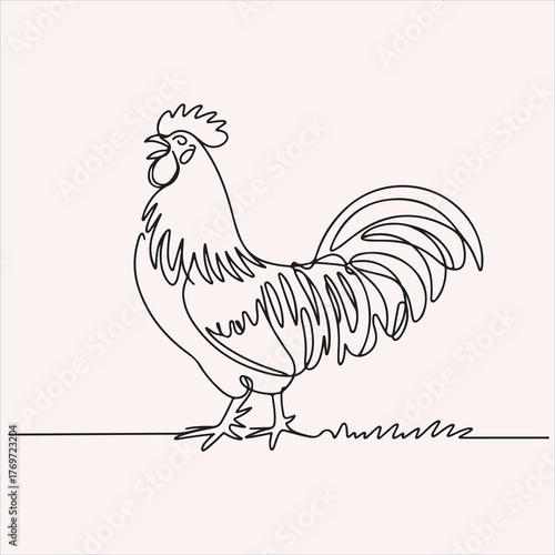 Elegant Rooster Illustration with Continuous Line Art Style for Farm and Nature Themes