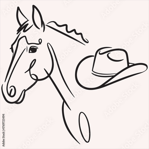 Elegantly Outlined Horse Head with Cowboy Hat Illustration