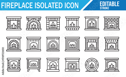 Thin line fireplace icons — cozy hearth, mantel, and chimney collection