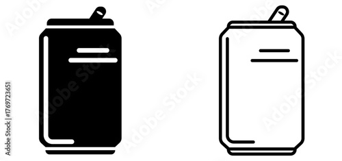 Black and white vector icons of beverage cans in solid and outline style, representing soda, soft drink, beer, or energy drink packaging. Minimalist food and drink design isolated on white background.