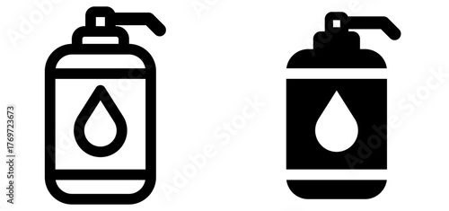 Black and white vector icons of shampoo or liquid soap bottles with pump dispenser and water drop symbol, representing hygiene, cosmetic, or skincare packaging design isolated on white background.