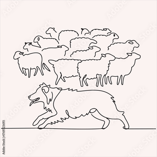 One line drawing of a dog herding sheep in a minimalist style for illustrative purposes