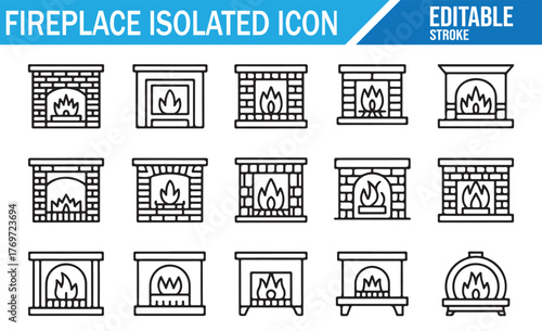 Minimal fireplace vector icons set — brick and stone chimneys for home heating