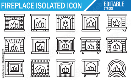 Fireplace line icons set — editable stroke outline hearth and mantel symbols, brick and stone chimneys, modern and classic home heating pictograms, black minimal collection on white background
