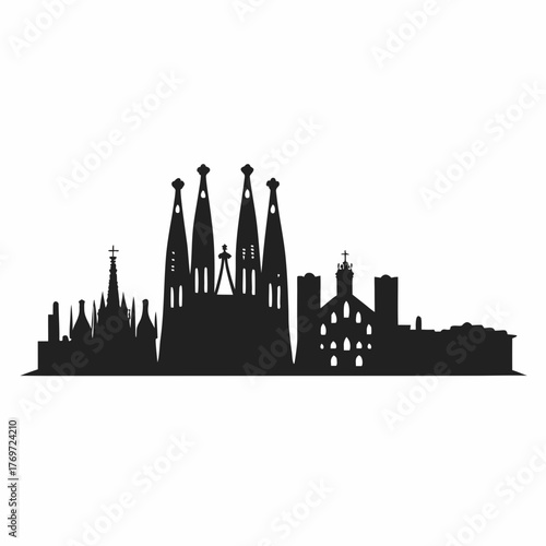 Silhouette of a city skyline featuring prominent spires and varied architectural structures depicted in black created with generative ai