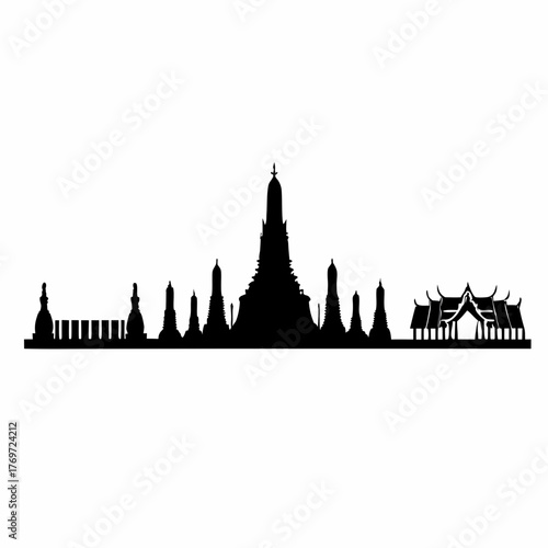 Silhouette of bangkok skyline featuring temples and traditional thai architecture against a white background created with generative ai