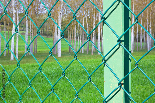 Green metal wire mesh against a field with trees or private property