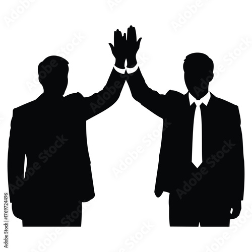 Creative design of two businessmen giving a high five, celebrating success and achievement in a business partnership or team accomplishment