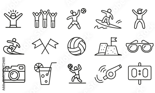 Collection of icons depicting various sports and leisure activities isolated on a transparent background