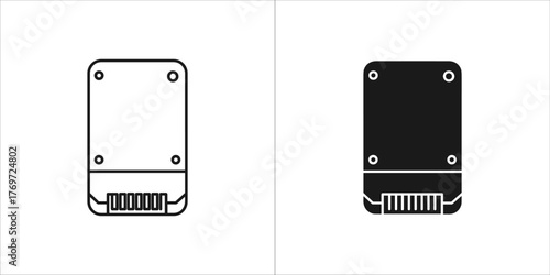 Two icons of a solid state drive, one outlined and one solid black