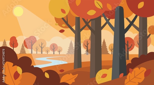Autumn forest scene vector illustration with colorful trees and leaves for fall season design