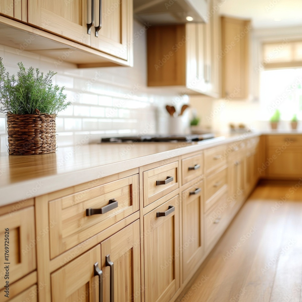 Fototapeta premium Light Wood Kitchen Modern Minimalist Design with White Countertops and Woven Plant, Home decor , Kitchen