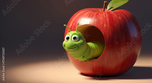 A large, shiny red apple with a hole, out of which a cute green cartoon caterpillar/worm smiles happily. Ideal for children's apps, educational media, or food marketing.