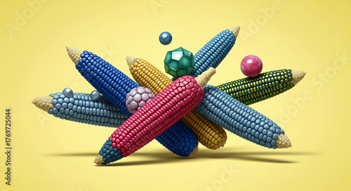 A colorful, abstract still life of corn cobs rendered in bright blue, red, and yellow with metallic textures, arranged dynamically on a yellow background. Ideal for modern food art, or pop art concept
