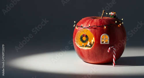 A creative apple-shaped miniature house glowing with warm Christmas lights and festive decor, symbolizing holiday warmth and imagination.