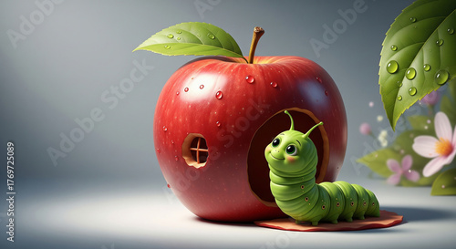 A shiny red apple styled as a cozy house (with a window) and a large, cute green cartoon caterpillar/worm sitting outside. Ideal for children's media, educational apps, or healthy eating promotion.