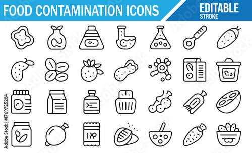Editable Stroke Icons of Food Contaminants, Labels, and Hygiene Symbols