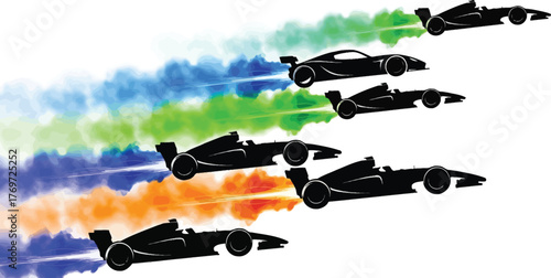 A group of race cars speeding forward, leaving trails of colorful smoke isolated on white background