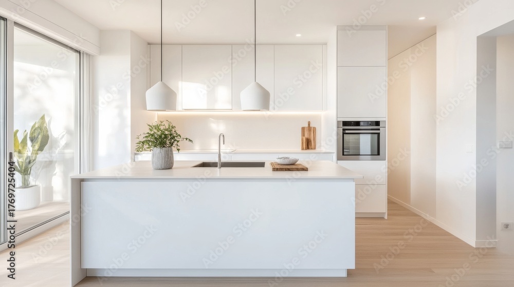 Fototapeta premium Minimalist Kitchen Bright, White and Functional Design ,kitchen design ,interior