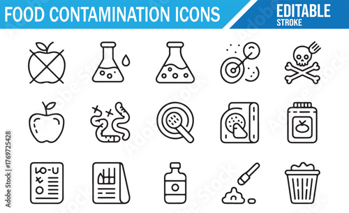 Food Contamination Icons Set — Food Safety, Allergen Warning, Bacteria, Virus, Mold, Chemical Hazard, Expiry Label, Recall, Hygiene and Sanitation Symbols in Editable Stroke Outline Vector Illustratio