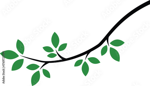 Stylized illustration of an ascending tree branch with small green leaves, representing natural growth, freshness, and organic vitality, isolated vector graphic for eco-friendly design projects.