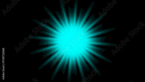 A minimalist image black a white background. There's a star or blurry light burst in the center in light blue or bright cyan.