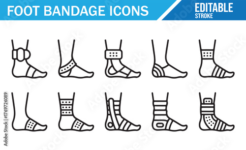 Foot Protection and First Aid Line Art Vector Illustration Set