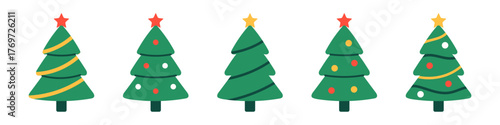 Vector illustration of set of Christmas trees, decorated with garlands, stars, and colored baubles. Fir evergreen trees with stars on top, ornaments, garlands. Trees for festive cards, holiday decor.