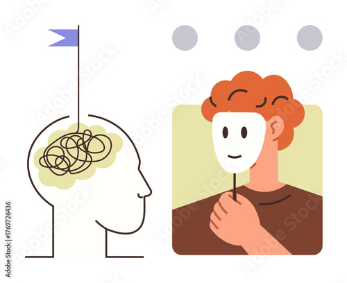 Human head outline with tangled thoughts and a flag, person holding a smiling mask. Ideal for mental health, self-awareness, emotion, psychology, identity, therapy stress symbol. A simple flat