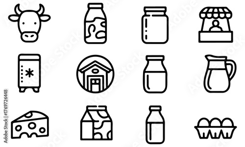 Collection of dairy farm icons isolated on transparent background
