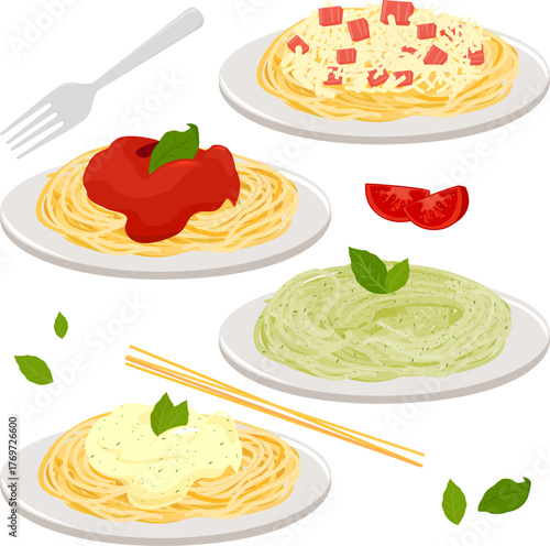Pasta with pesto, carbonara, bolognese, red tomato sauce. Homemade cooked pasta on plates with bacon, cheese and tomato sauce, basil. Spaghetti pasta dishes with fork. Vector illustration