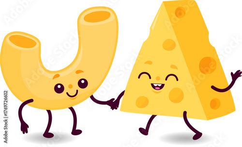 Cute macaroni and cheese characters. Noodle cartoon for kids meal. Funny pasta and slice of cheese cartoon. Tasty Italian food for children. Vector illustration