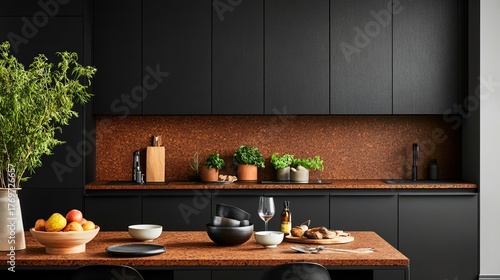 Modern Black Kitchen Interior with Copper Countertop and Green Plants , Kitchen design, Home Decor