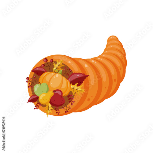 Thanksgiving day cornucopia isolated on white background. Thanksgiving Day symbol. Horn of plenty with pumpkin, apples, peers, foliage. Thanksgiving sticker.  Flat cartoon style. Vector design.