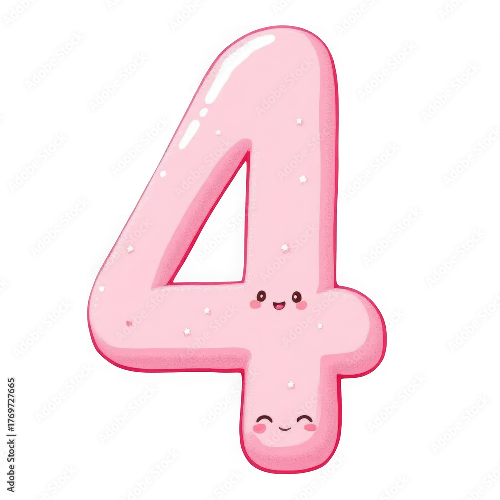 Fototapeta premium Cartoon Number 4 with Two Friendly Faces isolated on transparent background. Plump Rosy Pink Inflated Numeral Design. Playful Smiling Character Number 4.