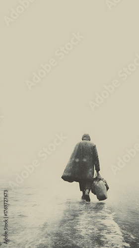Lonely Traveler Walking into Fog with Suitcase, Mysterious Figure Journeying Through Misty Landscape, Solitary Wanderer Carrying Bag in Monochrome Fog

