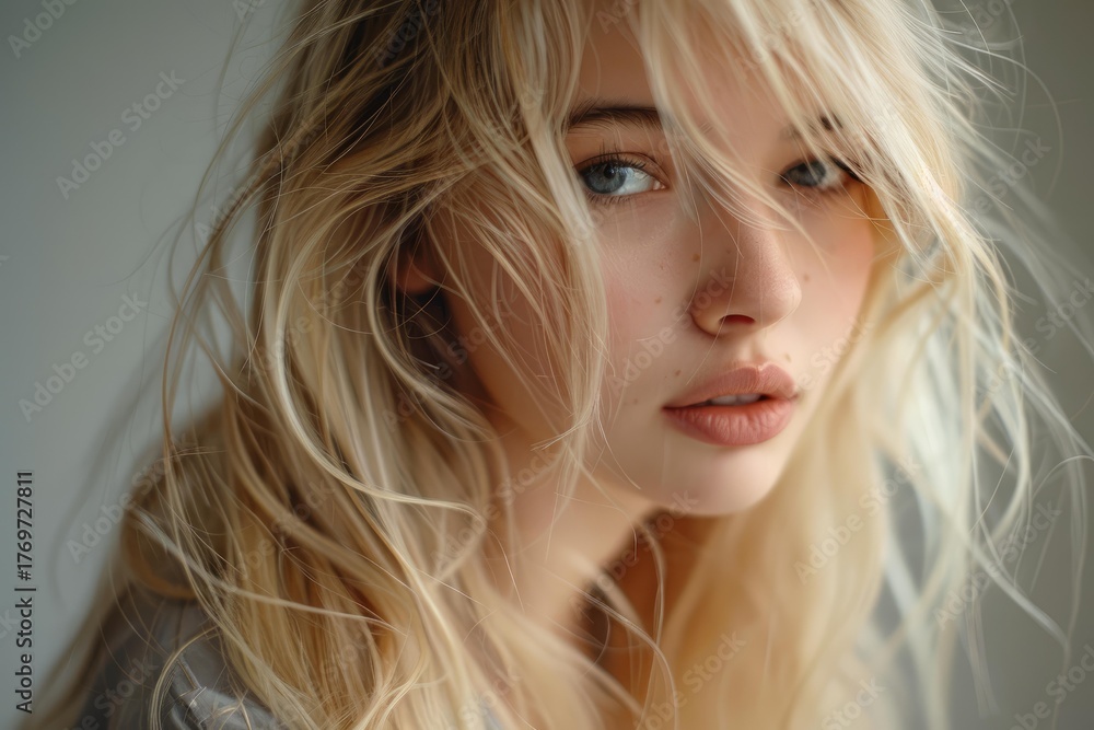 Fototapeta premium Close up portrait of beautiful young blonde woman with freckles showing natural beauty and healthy hair