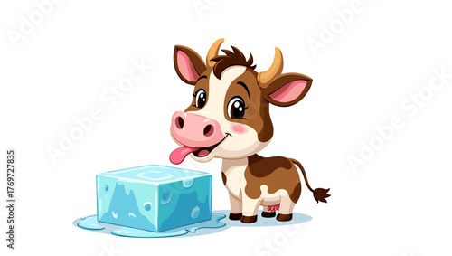 Smiling cartoon cow licking melting ice block with drops on white background