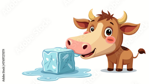 Happy cartoon cow licking melting ice cube on white background