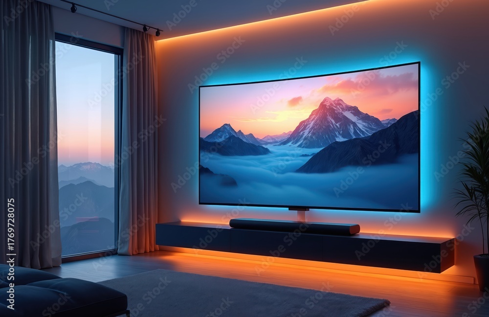 Fototapeta premium Modern living room large curved television with neon backlighting. Home cinema system features soundbar, smart led lights. Ideal interior for watching movies, streaming video gaming on big screen.