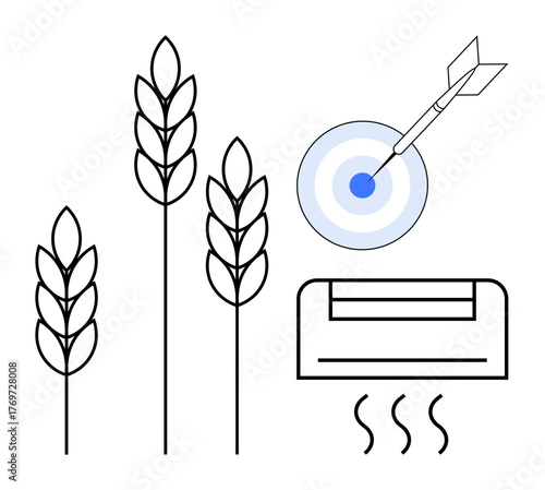 Wheat stalks, dart hitting a target, and air conditioning unit with emissions. Ideal for agriculture, sustainability, eco-efficiency, farming technology, precision farming, goal setting simple flat