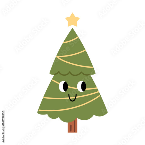 Vector illustration of a cute Christmas tree with star on top, yellow garland, eyes and smile. Fun festive character for holiday cards, kids decor, winter celebration, stickers, and design.