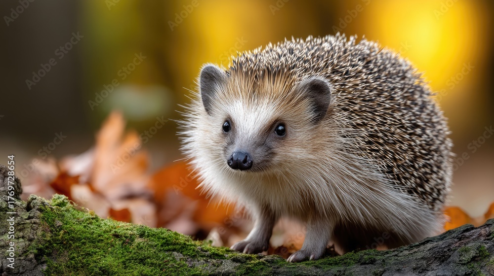 Fototapeta premium A curious hedgehog navigates through vibrant green moss and fallen leaves in a serene forest setting on a sunny afternoon