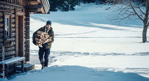Man carrying firewood while walking outside cabin in snowy winter  