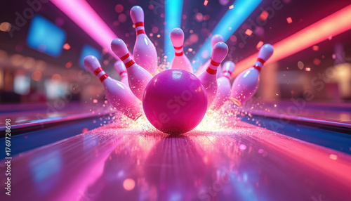 Pink bowling ball hits pins on neon lane. Pins fly with glitter. Bowling alley with bright pink and blue lights. Fun game of strike and spare.