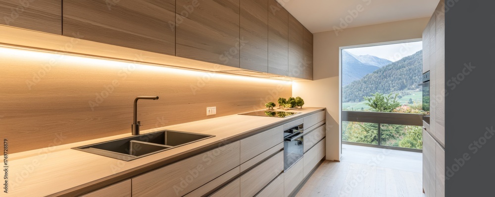 Obraz premium Modern Wood Kitchen Design with Mountain View, Minimalist , Interior